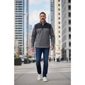 Van Heusen Sweater Mens M Gray Black Accents Quarter Snap Pullover Mock Neck